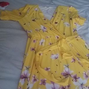 Yellow and purple faux wrap dress
